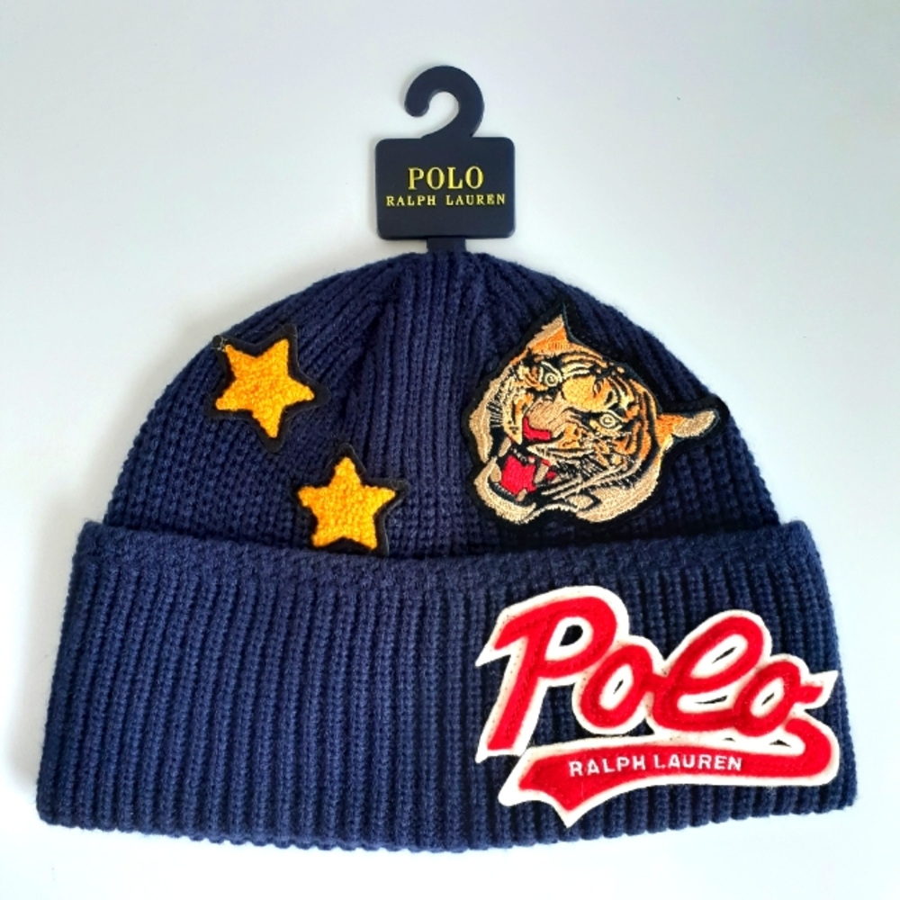Polo Ralph Lauren Men's Tiger Patch Navy Blue Knit Beanie Toque Hat NWT - Picture 2 of 10